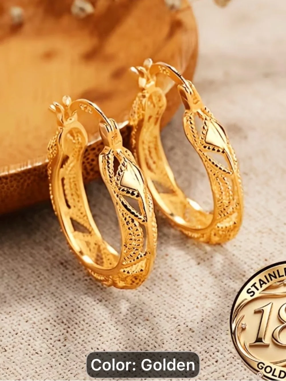 18k Gold-Tone vintage hollow flower- Hoop Earrings - Women Jewelry